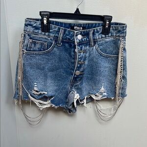 Blue Distressed Jean Shorts with Frayed Edges